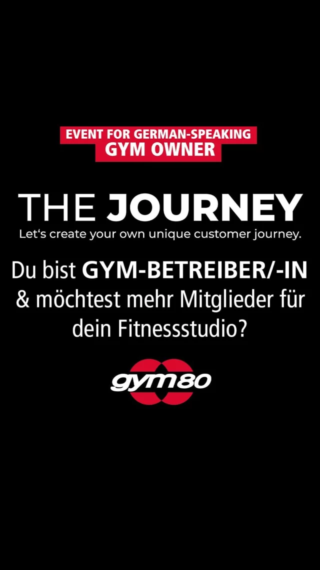 THE JOURNEY - Das Event für maßgeschneiderte Lösungen und mehr Mitglieder in deinem Gym 🚀

Du möchtest dein Studio weiterentwickeln und neue Mitglieder gewinnen❓

👉🏼Am 13. Februar bringen wir in Gelsenkirchen die Expertise von 7 führenden Partnern zusammen: EGYM, Scaneca, Blackroll, DSSV, Santana, MTL & gym80

WAS DICH ERWARTET:

❌ Inspirierende Vorträge:
Prägnante Präsentationen mit praxisnahen Tipps und Strategien, die dich und dein Business voranbringen.

❌ Praxisorientierte Workshops:
Lösungsansätze, die sofort anwendbar sind, um deinen Studioalltag effizienter zu gestalten.

❌ Networking mit Branchenexperten:
Knüpfe wertvolle Kontakte und tausche Erfahrungen mit Experten aus der Fitnessbranche aus.

❌ VIP-Bag im Wert von 500 €:
Als Teilnehmer erhältst du eine exklusive VIP-Bag voller hochwertiger Überraschungen, die deinen Studiobetrieb bereichern werden.

📆 WANN?
13. Februar 2025, 10:00 - 16:00 Uhr

📍 WO?
gym80 Headquarter
Wiesmannstraße 46
45881 Gelsenkirchen

💡TEILNAHMEGEBÜHR:
Nur 99 € – inklusive VIP-Bag

👉🏼 Mehr Infos und Anmeldung: gym80.de/the-journey

UNSERE PARTNER:
@egym_dach @santanadigital_ @scaneca.de @dssv.verband @blackroll @carstendehmlow

__________

❗️GERMAN-SPEAKING EVENT❗️

THE JOURNEY - The event for customised solutions and more members in your gym 🚀

On February 13th in Gelsenkirchen, you’ll experience the combined expertise of seven leading industry partners, including EGYM, Scaneca, Blackroll, DSSV, Santana, MTL, and gym80.💥